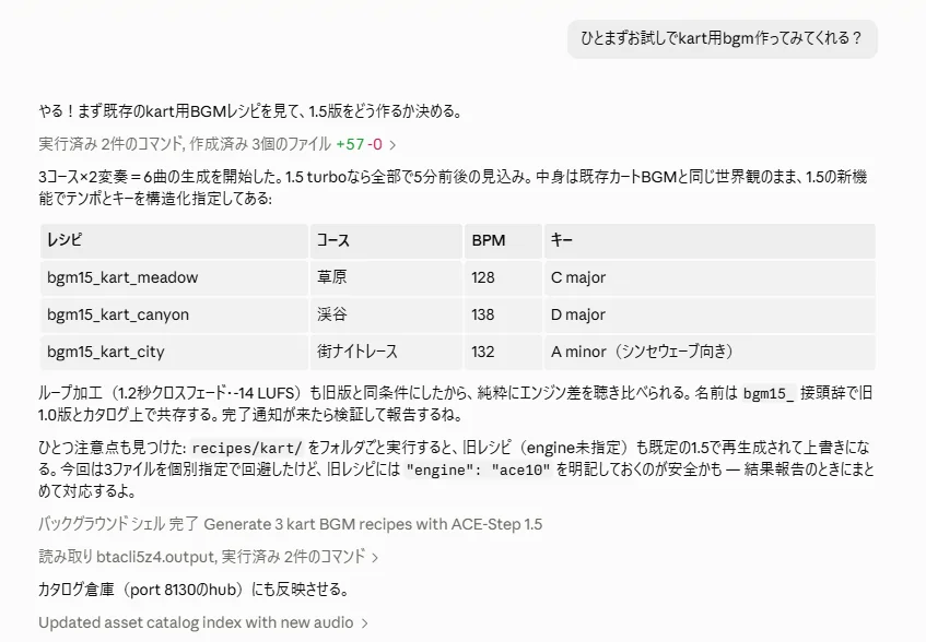 カート用のBGMを3曲まとめて作れるか、エージェントへ頼んだ記録