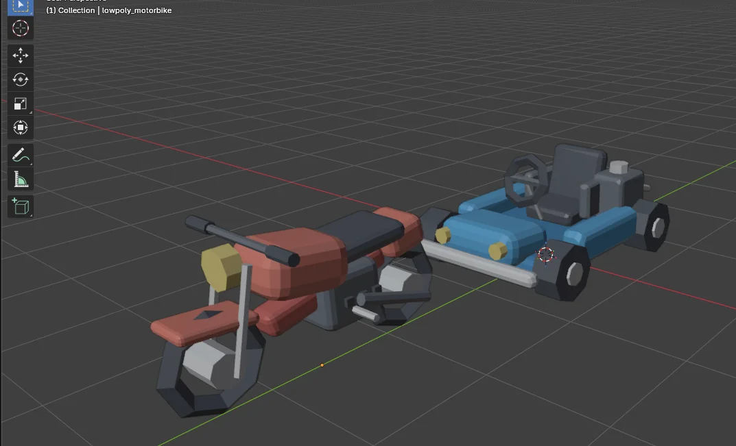 Blender上に並んだローポリバイクとローポリカート