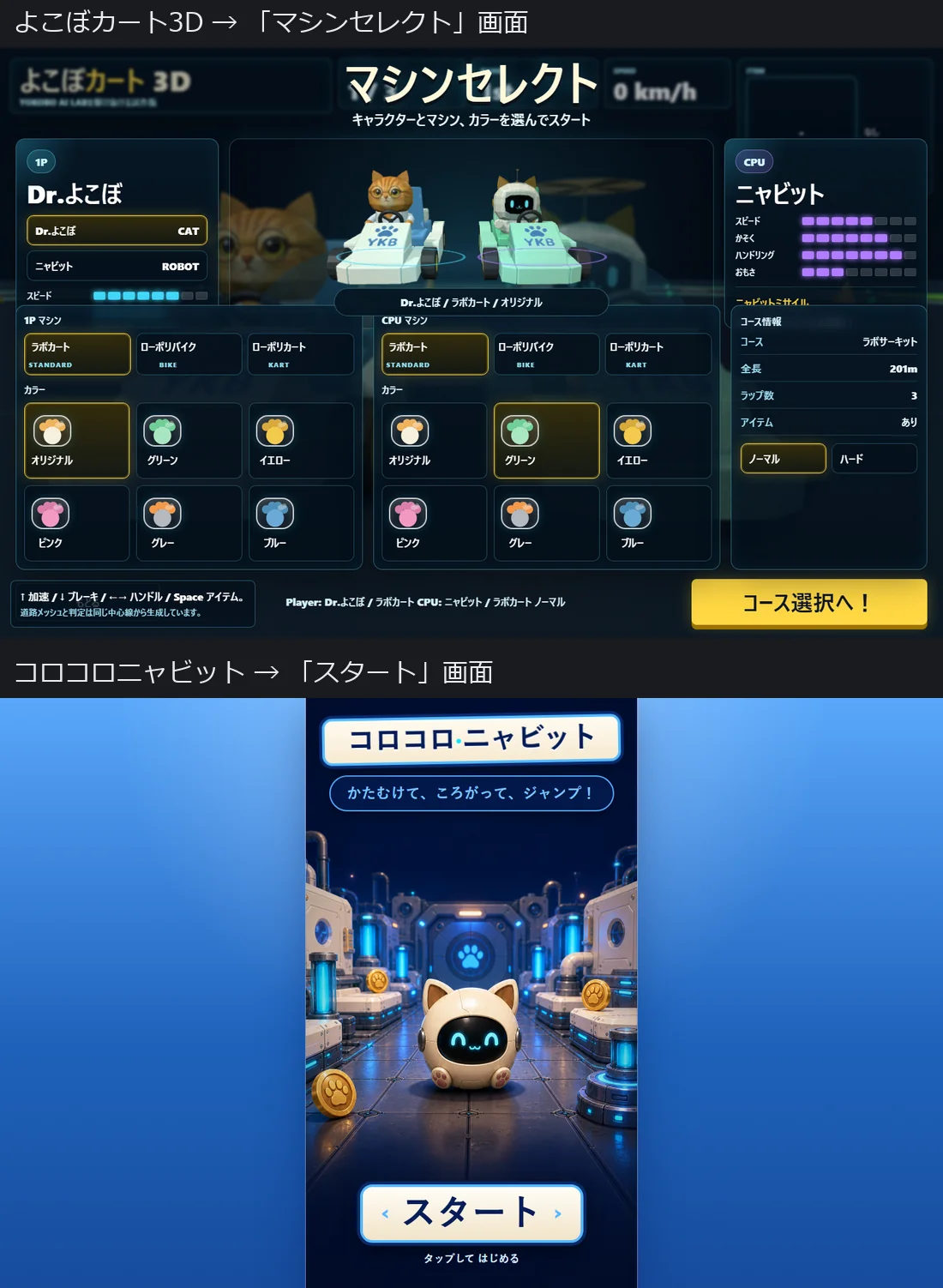収穫されたよこぼカート3Dとコロコロニャビットの画面