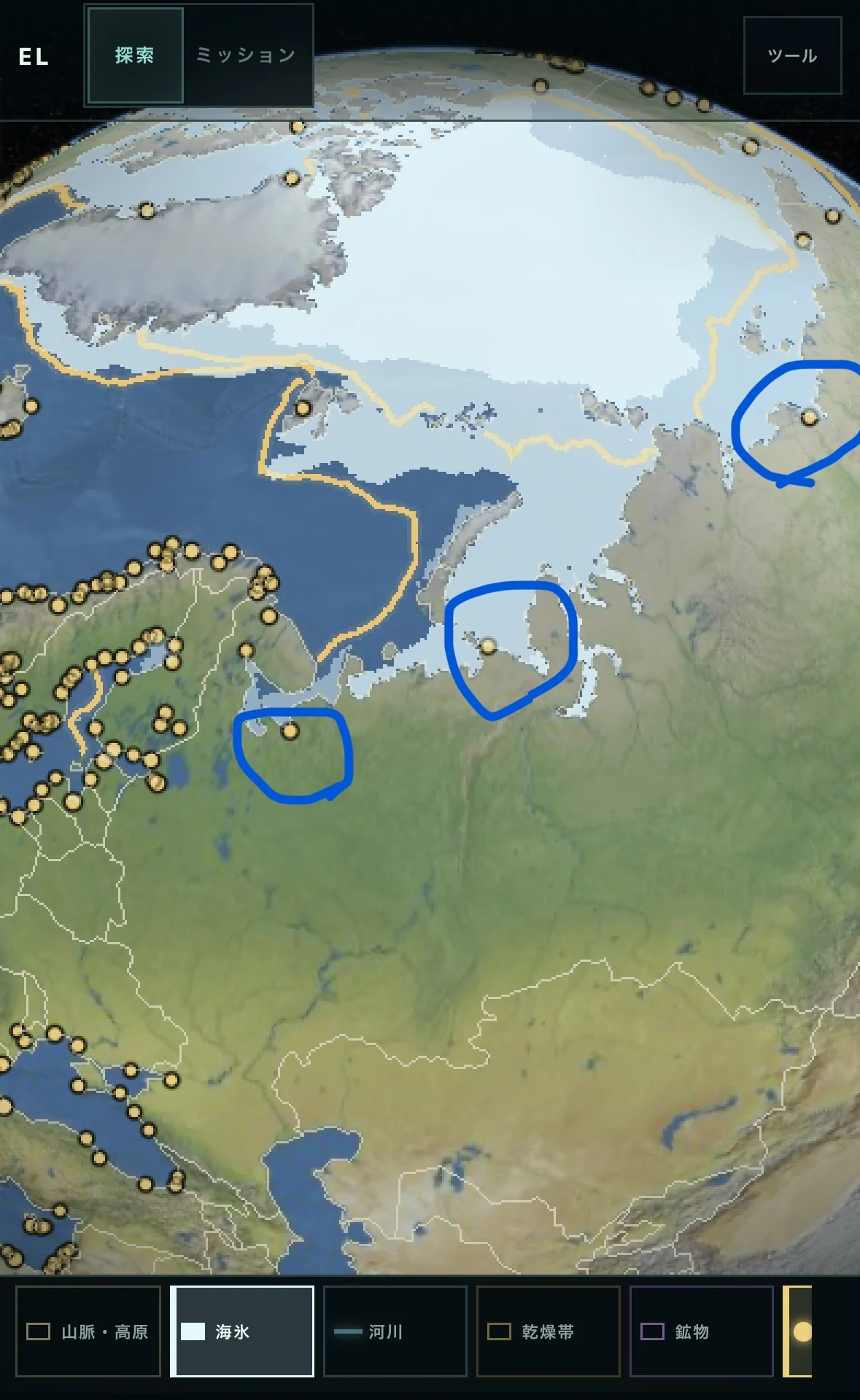 北極海の海氷とロシアの港。青丸はロシアの凍る港(手描きの注釈)